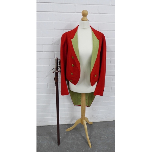 408 - Royal Artillery red dress coat jacket together with a WWII sword & scabbard. (2)