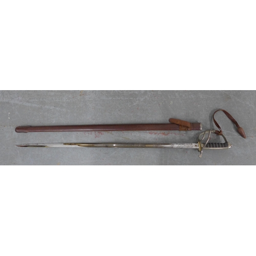 408 - Royal Artillery red dress coat jacket together with a WWII sword & scabbard. (2)