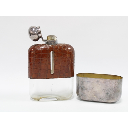 6 - James Dixon & Sons Epns and leather mounted glass hip flask, large size with detachable cup and hing... 