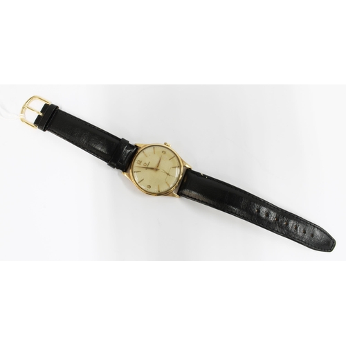 62 - Gents vintage gold cased Omegas wristwatch, champagne dial with numerals 3,9 & 12 with seconds marke... 