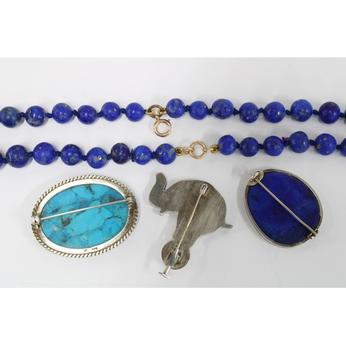 63 - Two white metal mounted lapis brooches and a doublet strand of beads with 9ct gold clasp together wi... 