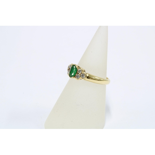 68 - 18ct gold emerald & diamond dress ring, with an oval emerald flanked by three bright cut diamonds, s... 