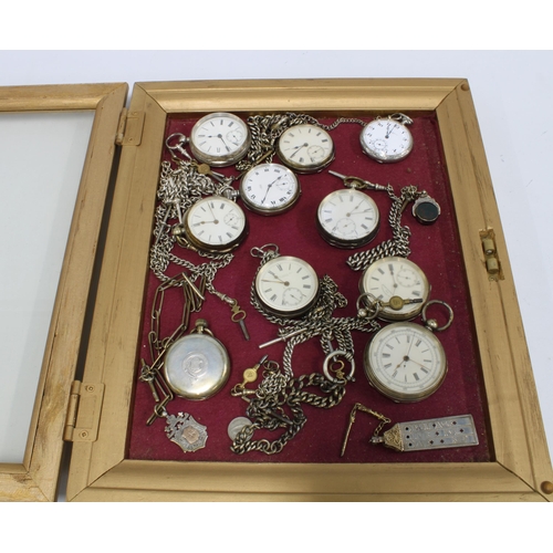 74A - A collection of ten silver cased pocket watches, some with silver albert chains and silver fobs toge... 