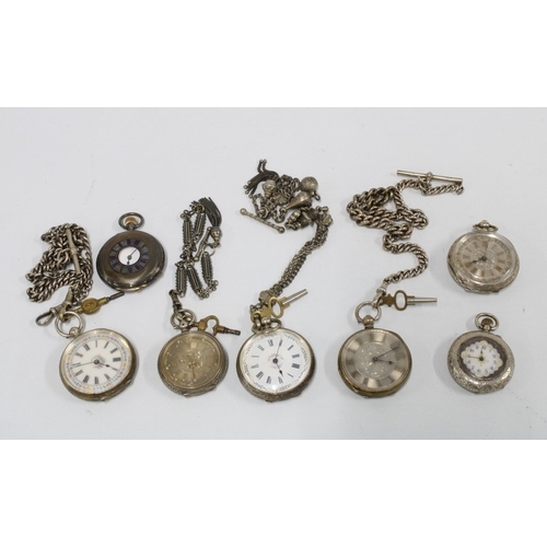 75A - A collection of seven  lady's silver  fob watches, some with watch chains, etc (a lot)