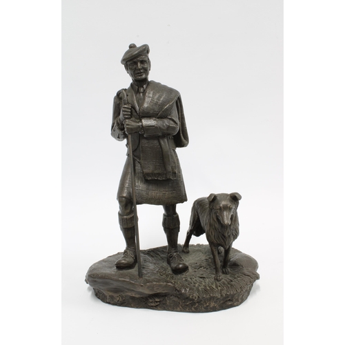 99 - Tom Mackie for Heredities bronze patinated  resin figure of a Scottish shepherd with dog, signed, 26... 