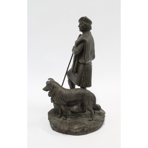 99 - Tom Mackie for Heredities bronze patinated  resin figure of a Scottish shepherd with dog, signed, 26... 