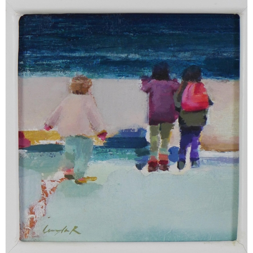 100 - Layla Rose, Beach Friends, oil on panel, signed and framed, 13 x 12.5cm