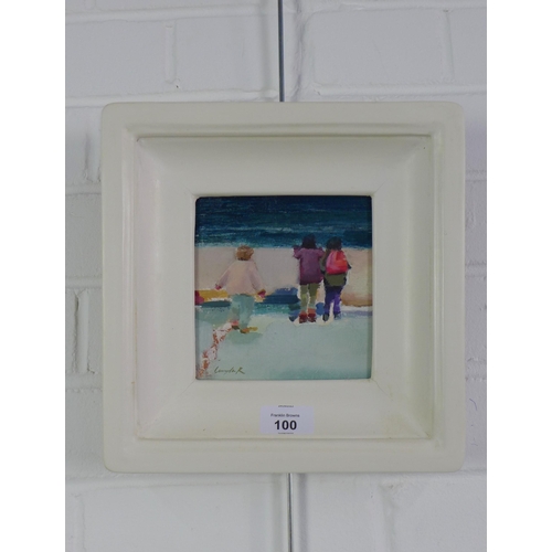 100 - Layla Rose, Beach Friends, oil on panel, signed and framed, 13 x 12.5cm