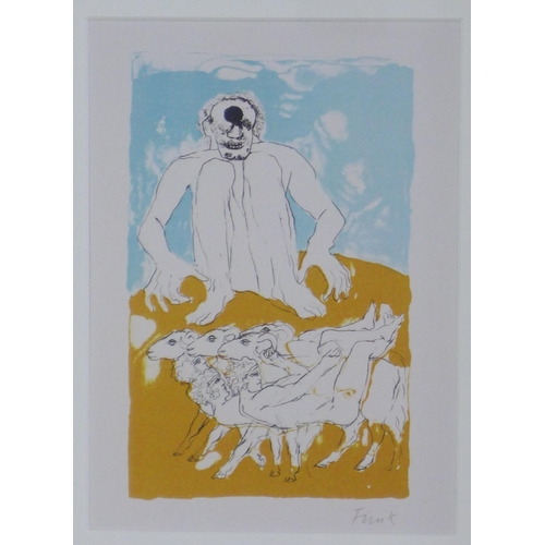 105 - After Elizabeth Frink (1930 - 1993) Cyclops, British Museum coloured print, framed under glass, 13 x... 