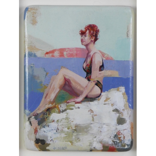 106 - Layla Rose 'Sitting Wet' oil on board, framed under glass with a showcase frame, 15 x 20cm