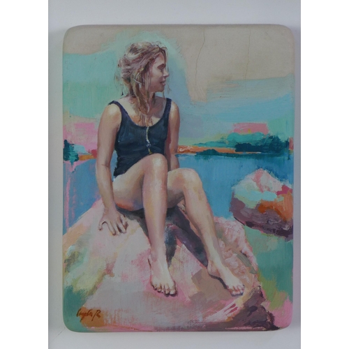 107 - Layla Rose 'Swimsuit' oil on board, signed, within a showcase frame, 15 x 20cm