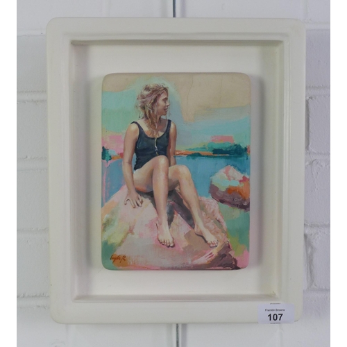 107 - Layla Rose 'Swimsuit' oil on board, signed, within a showcase frame, 15 x 20cm