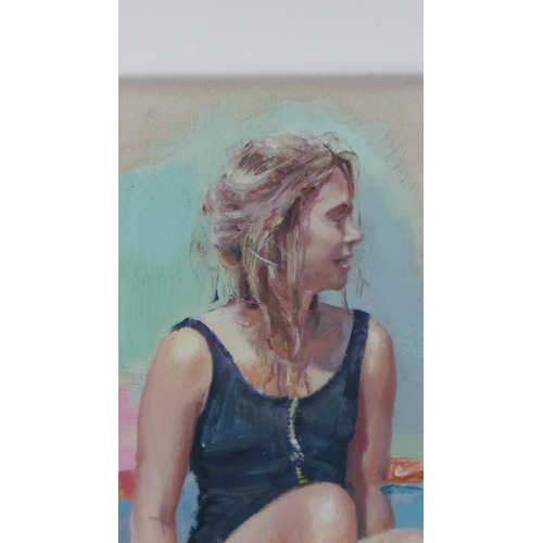 107 - Layla Rose 'Swimsuit' oil on board, signed, within a showcase frame, 15 x 20cm