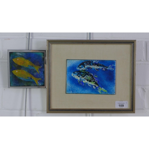 109 - Two colour enamelled panels of fish, one framed, larger 15 x 10cm (2)