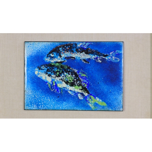 109 - Two colour enamelled panels of fish, one framed, larger 15 x 10cm (2)