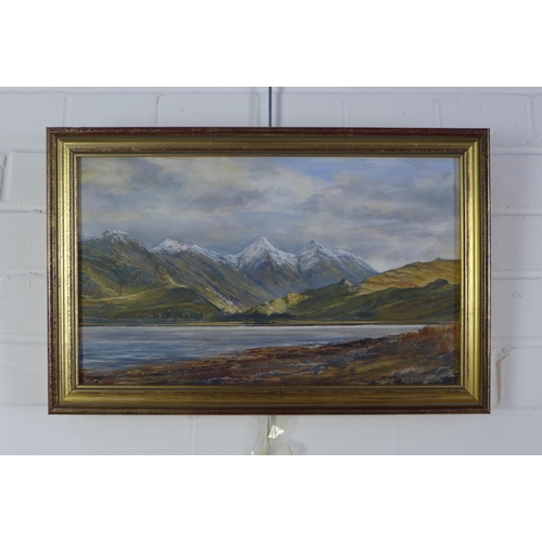 18 - Ian S. Johnstone (SCOTTISH 1957 - 2009) 'The Five Sisters of Kintail, From Loch Duich', oil on board... 