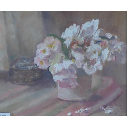 20 - Margaret Law, still life of flowers, oil on canvas, signed, framed under glass within an ornate fram... 