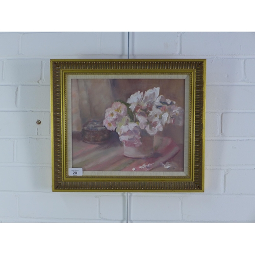 20 - Margaret Law, still life of flowers, oil on canvas, signed, framed under glass within an ornate fram... 