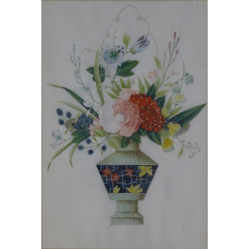 24 - 19th Century Chinese Export watercolour of flowers in a basket vase, framed under glass, 17.5 x 26cm