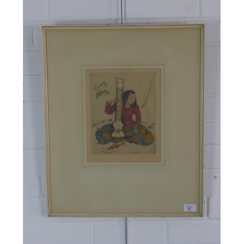 27 - Elyse Ashe Lord (BRITISH 1900-1971) 'Indian Dilruba', etching colour 22/75, signed in pencil, framed... 