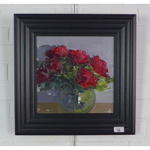 29 - Vivak Mandalia, 'Red Rose' oil on canvas, signed and framed, 29 x 29cm