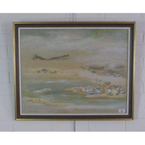 30 - Sheila Fraser, 'Sea Shore', gouache, signed and framed under glass, 62 x 49cm