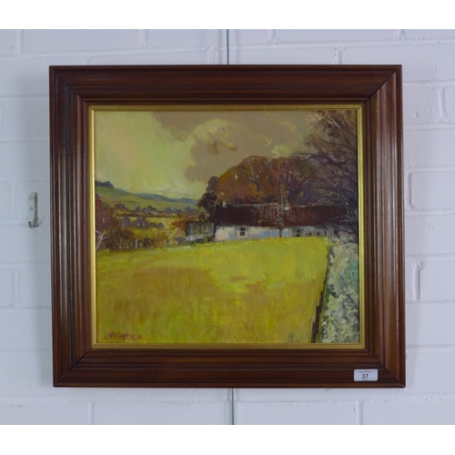 37 - John McKinnon Crawford DA (SCOTTISH 1931 - 2005) a cottage and landscape scene, oil on canvas, signe... 