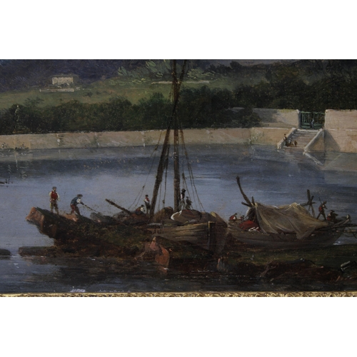 41 - Early 19th century school, oil on panel of an Italian lake scene , signed indistinctly bottom right,... 