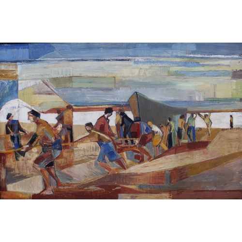 88 - Boatyard with figures, large oil on canvas, apparently unsigned, framed, 115 x 75cm