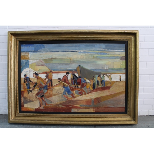 88 - Boatyard with figures, large oil on canvas, apparently unsigned, framed, 115 x 75cm