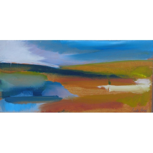 91 - Sarah Knox, landscape oil on board, signed verso, framed, 26 x 12cm