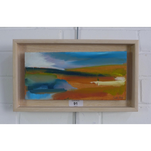 91 - Sarah Knox, landscape oil on board, signed verso, framed, 26 x 12cm