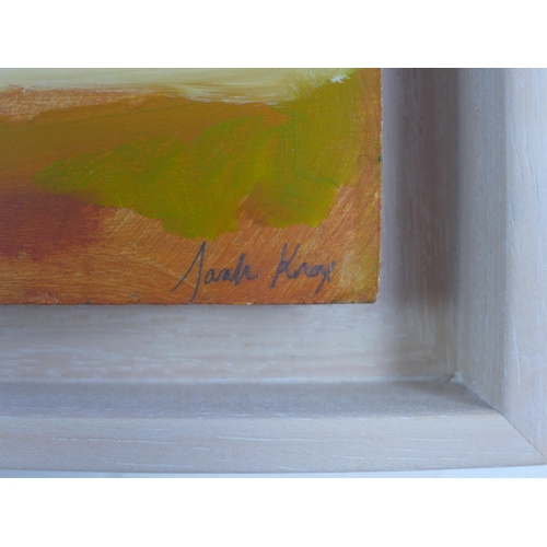 91 - Sarah Knox, landscape oil on board, signed verso, framed, 26 x 12cm