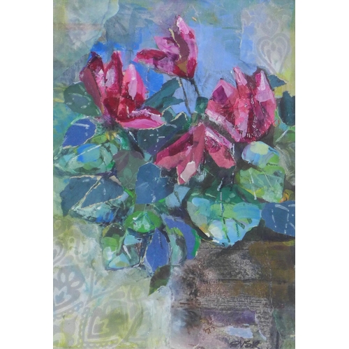 96 - Veronica Robertson, (SCOTTISH CONTEMPORARY) Cyclamen, mixed media still life, signed with initials a... 