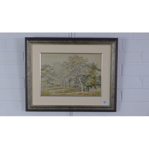 97 - Attributed to Frederick James Havell, Forest Scene, watercolour, framed under glass, 35 x 25cm