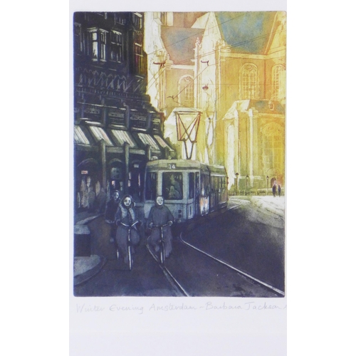 98 - Barbara Jackson, 'Winter Evening Amsterdam'. coloured A/P, signed in pencil and framed under glass 1... 