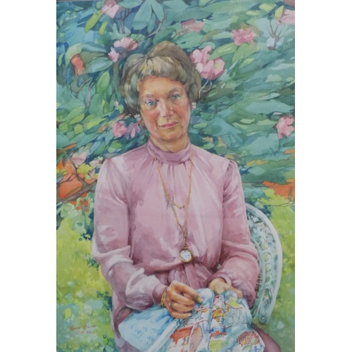 119 - Ronnie Browne (SCOTTISH B.1937) Half length portrait of a woman, modelled seated within a garden set... 