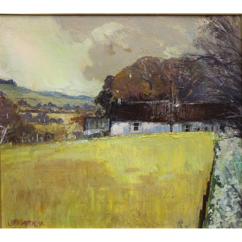 37 - John McKinnon Crawford DA (SCOTTISH 1931 - 2005) a cottage and landscape scene, oil on canvas, signe... 