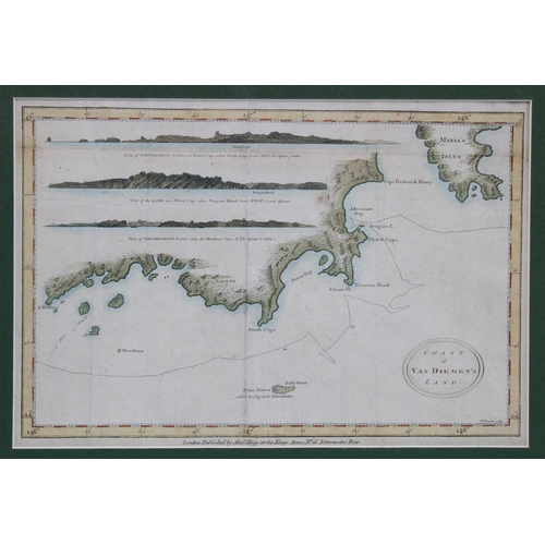 131 - Chart of Van Diemen's Land (Tasmania) , T. Bowen, coloured map, framed in a card mount, size overall... 