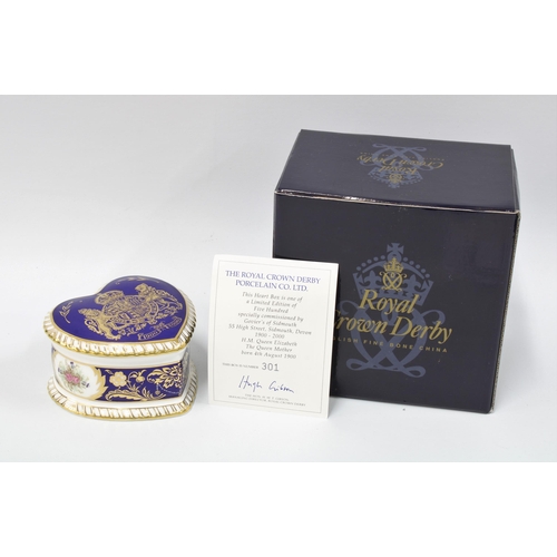 101 - Royal Crown Derby porcelain heart trinket box, with box and limited edition certificate number 301, ... 