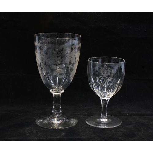 102 - 19th century wine glass, etched with Royal Cypher VR (Victoria Regina) beneath a crown, faceted stem... 