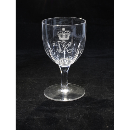 102 - 19th century wine glass, etched with Royal Cypher VR (Victoria Regina) beneath a crown, faceted stem... 