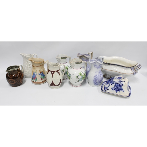 109 - Collection of Staffordshire and other pottery, including jugs, tallest 22cm, a butter dish, and a la... 