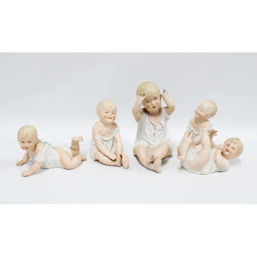 115 - Five bisque piano babies to include Gebruder Heubach, tallest 20cm (some a/f) (5)