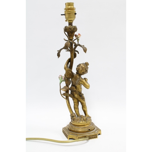 132 - Vintage gilt metal table lamp with a cherub, leaves, and porcelain flowers 38cm