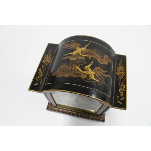 137 - Black chinoiserie 'Tempus Fugit' mantle clock, 20cm, together with a painted wooden box (2)