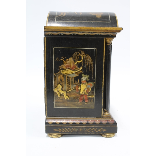 137 - Black chinoiserie 'Tempus Fugit' mantle clock, 20cm, together with a painted wooden box (2)