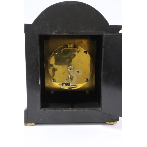 137 - Black chinoiserie 'Tempus Fugit' mantle clock, 20cm, together with a painted wooden box (2)