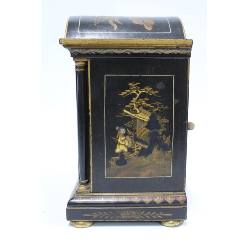 137 - Black chinoiserie 'Tempus Fugit' mantle clock, 20cm, together with a painted wooden box (2)