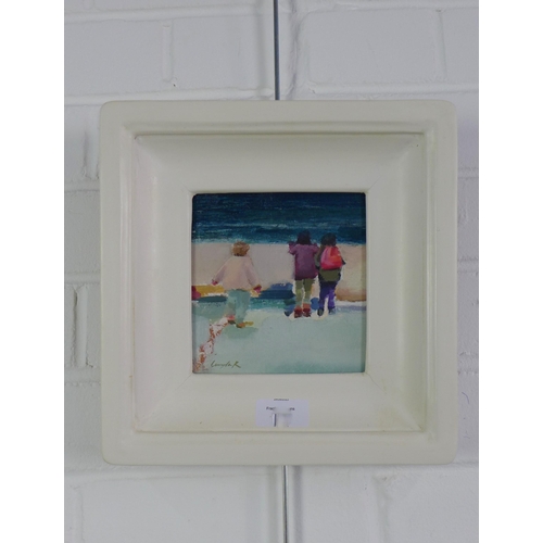 168 - Layla Rose, Beach Friends, oil on panel, signed and framed, 13 x 12.5cm